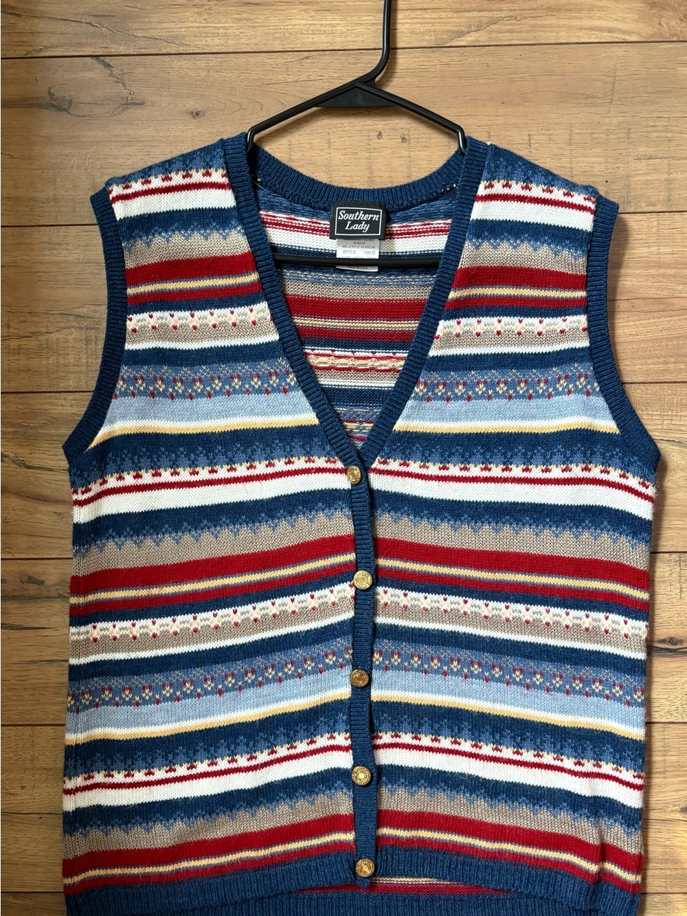 1990’s Southern Lady -Multicolor Striped Knit Vest — Navy, Red, Cream & Tan